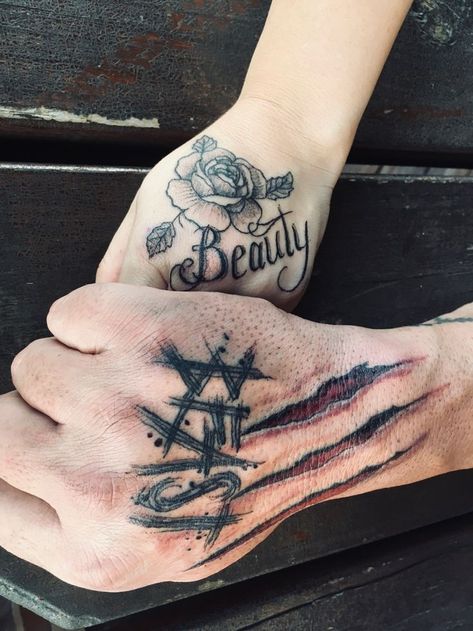 Beauty And Beast Tattoo Ideas, His And Hers Beauty And The Beast Tattoo, His And Her Beauty And The Beast Tattoos, Beast And Beauty Tattoo, Beauty And The Best Couple Tattoos, His Beauty Her Beast Tattoo Couples, Beauty Beast Couple Tattoo, Matching Tattoos Couples Beauty Beast, Drawings For Tattoos Ideas