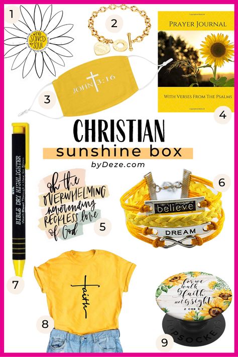 Yellow Sunshine Gift Ideas, Yellow Birthday Gift Ideas, Encouragement Box Ideas, Sunshine Box Ideas, Sunshine Gift Basket, Christian Gift Baskets, Encouragement Box, Christian Gifts Diy, Sunshine Box