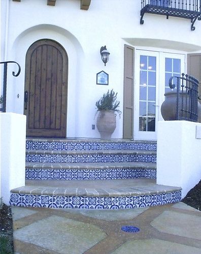 Mexican Talavera tile stairway | by latin accents Mexican Tile Stairs, Modern Mexican Home, Tiled Staircase, Hillside Village, White Stairs, Hacienda Style Homes, Mexican Talavera Tile, Mexico House, Talavera Tile