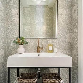 Powder Room with Gray Floral Wallpaper Gray Powder Room, Gray Floral Wallpaper, Black Arched Mirror, Floating Sink Vanity, Grey Powder Room, White Powder Room, Wallpaper Design Ideas, Black Floral Wallpaper, Wallpaper Powder Room