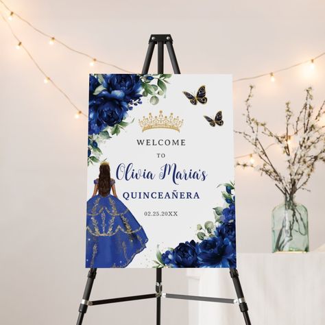 Royal Blue Quinceanera Theme Decorations, Royal Blue Quinceanera Decorations, Sweet Sixteen Themes, Sweet 16 Sign, Royal Blue Quince, Royal Blue Quinceanera, Spanish Girl, Azul Navy, Royal Blue Flowers