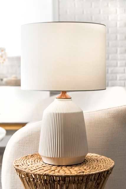 Design by Melissa | Havenly Table Lamps Living Room, Ceramic Table Lamp, Rugs Usa, Chandelier Design, Bedroom Lamps, White Table Lamp, Drum Lampshade, Ceramic Lamp, White Table