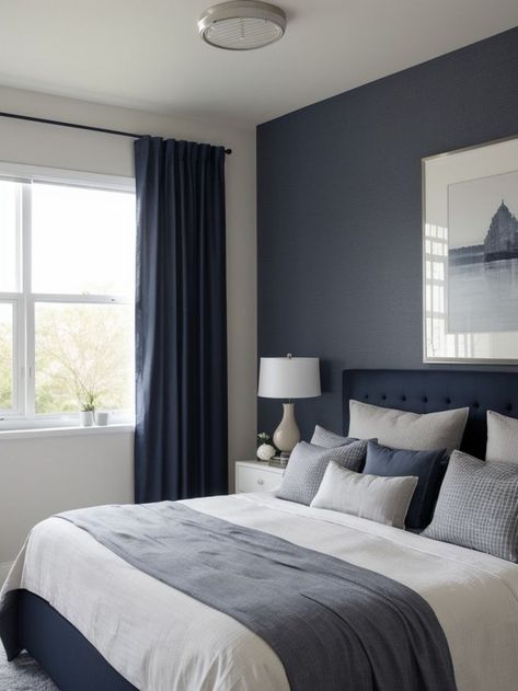 Blue Bedroom Accent Wall, Gray And Blue Bedroom, Navy Blue Bedspread, Blue Accents Bedroom, Blue Teen Bedrooms, Navy Bedroom Walls, Accent Wall Inspiration, Navy Blue Bedroom Walls, Gray Accent Wall