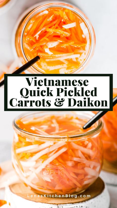 Make your Banh Mi sandwiches pop with these Vietnamese Quick Pickled Carrots and Daikon (Đồ Chua)! Ready to eat in just 15 minutes, the tangy flavors and delicious crunch of these pickled vegetables give sandwiches, grain bowls, and salads a much needed boost. Pickled Carrots And Daikon, Quick Pickled Carrots, Easy Vegetable Stir Fry, Daikon Recipe, Pickled Carrots Recipe, Pickled Vegetables Recipe, Grain Bowls, Quick Pickled, Pickled Carrots