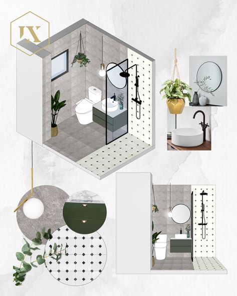 Here's a bathroom design proposal for our client incorporating distinct elements which blend entrancingly 🍃💡 Contact us today to give your home a facelift! Bathroom Interior Design Sketch, Bathroom Design Concept, Bathroom Rendering Design, Interior Design Concepts Board, Bathroom Concepts Design, Design Proposal Architecture, Mood Board For Bathroom, Bathroom Design Mood Board, Interior Design Client Presentation