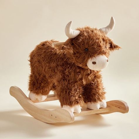 Little ones can take life by the horns while riding our cow plush rocker. Crafted with a huggable body, a whimsical face and long, lush fur, it features solid wood handles and precision-shaped runners for a smooth, secure and gentle rocking motion. DETAILS THAT MATTER Plush is made with soft-to-the-touch 100% polyester over iron frame. Runners are crafted of solid rubber wood. Wood handles provide steady grips. Filled with 100% polyester fibers. Eyes are made of ABS plastic. KEY PRODUCT POINTS Pottery Barn Kids exclusive. Recommended for Ages 12 months up to 5 years or up to 110 lbs. Spot clean. Imported. PERSONALIZATION DETAILS Personalization is available, for an additional cost. Personalization will be centered on one wooden glider rail. Baby Boy Door Hanger For Hospital Western, Farmhouse Toddler Boy Room, Cowboy Nursery Decor, Vintage Tractor Nursery, Cowboy Wall Decor, Cowboy Toddler Room, Highland Cow Nursery Boy, Neutral Western Nursery, Boy Farm Nursery