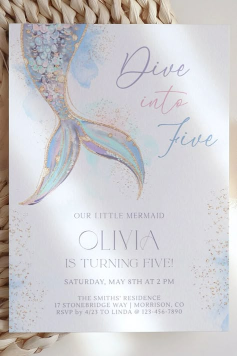 Dive Into Five Birthday Invitation Mermaid Birthday Invitation Dive Into Five Invitation Mermaid Tail Invitation Mermaid Bday Invite Girl M3 - Etsy Dive Into Five Birthday Girl, Mermaid Barbie Birthday Party, Mermaid Theme Invitation, 5 Year Birthday Party Ideas, Mermaid Party Invitations, Mermaid Birthday Party Invitations, Mermaid Birthday Cakes, Mermaid Barbie, 5th Birthday Party Ideas