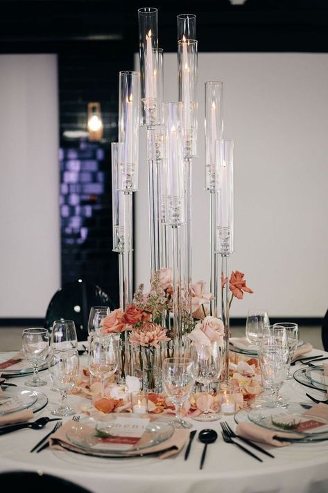 "48″ Tall Candle Holder Material: Crystal Glass Total Height: 48″ with shade Number of Stems: 9 Stem A X2:19.6″H (Total Height:32″ with shade) Stem B X2: 23.6″H (Total Height:36″ with shade) Stem C X2: 27.6″H (Total Height:40″ with shade) Stem D X2: 31.6″H (Total Height:44″ with shade) Stem E X1: 35.6″H (Total Height:48″ with shade) Shade Size: 13.8″H 2.4\"D Base Diameter :12″ Product Description: The Crystal Glass Candle Holder - Cylinder Cluster Design combines sleek crystal construction with Tall Candle Centerpiece, Candelabra Wedding Centerpieces, Tall Candle Holder, Candelabra Wedding, Candelabra Centerpiece, Glass Candelabra, Candle Sticks Wedding, Crystal Candelabra, Tall Wedding Centerpieces