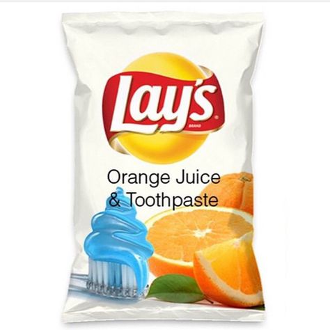 Orange juice and toothpaste Lay's potato chips. Lays Potato Chip Flavors, Chips Lays, Thanos Endgame, Lays Flavors, Potato Chip Flavors, Weird Snacks, Lays Chips, Lays Potato Chips, Pasta Dental