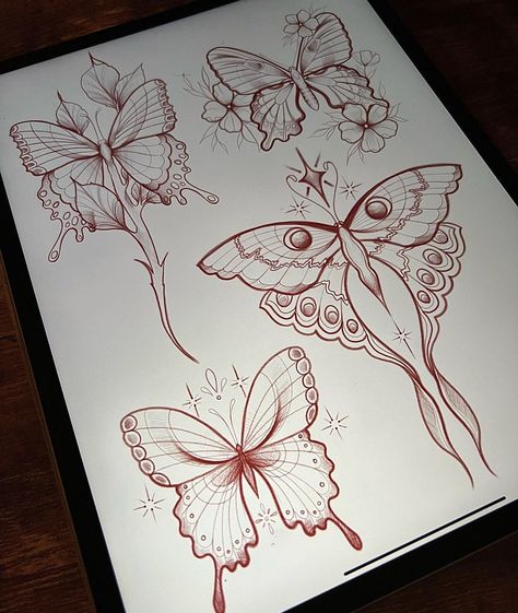 Filler Pieces Tattoo, Tattoo Sketches Ideas Creative, Red Tatooes, Underbreast Tattoo, Red Butterfly Tattoo, Borboleta Tattoo, Moth Tattoo, Tattoo Portfolio, Butterflies And Flowers