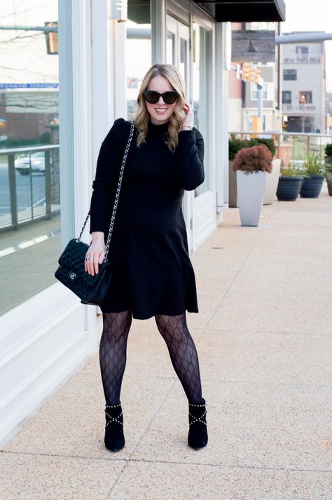 The Best Basic Little Black Dress: black mock neck dress, statement tights and ankle booties. Black Dress Booties, Black Dress With Tights, Statement Tights, Black Mock Neck Dress, Trending Things, Blonde Moments, Black Knee Length Dress, Style Rut, Basic Black Dress