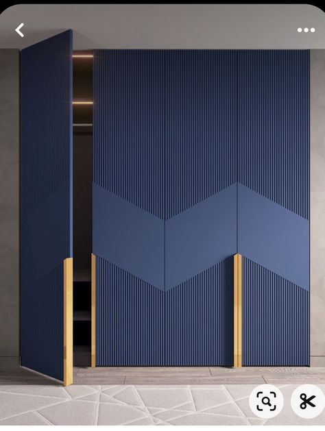 Two Color Wardrobe Design, Bedroom Cupboard Interior Designs, Classy Wardrobe Design, Bed Back Side Wall Design, Pu Finish Wardrobe Shutters, Fluted Laminate Wardrobe, Navy Blue Closet, Openable Wardrobe Shutter Design, Wardrobe Laminate Color Combination