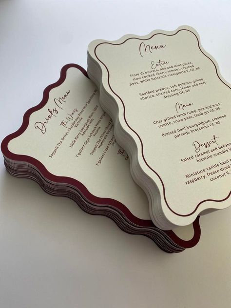 Thank you for visiting my shop 😊 Stunning wave Drink menu and Food menu Bundle. Burgundy and cream colour digital print. Listing is for both Food and Drinks menu :)  These beautiful Menus are 120 x 180mm and are die cut to a modern WAVE shape. I can die cut to any shape so please send me a message. There are examples on my Instagram page as well :) Digital colour print on a 400gsm velvet touch finish with double sided colour digital print - please note that the colour is a digital print so I ca Cool Wedding Table Ideas, Pink Wedding Menu Cards, Custom Menu Design, Digital Menu Design Ideas, Romantic Menu Design, Kardashian Dinner Party, Wedding Menu Aesthetic, Birthday Menu Design, Red Menu Design