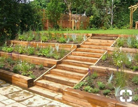 Side hill garden Sloped Backyard Landscaping, Hillside Garden, Sloped Backyard, Tiered Garden, Hillside Landscaping, Backyard Vegetable Gardens, Sloped Garden, Wooden Steps, Garden Steps