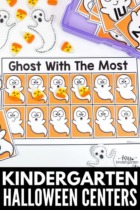 A "Ghost with the Most" Halloween center for kindergarten Fun Halloween Centers For Kindergarten, Halloween Centers For Kindergarten, Fun Morning Work, Halloween Literacy Activities, Halloween Stations, Kindergarten Halloween Party, Halloween Literacy, Kindergarten Halloween, Halloween Centers