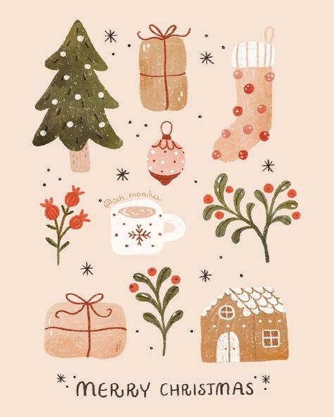 Neutral Christmas Illustration, Christmas Aesthetic Crafts, Sabrinacore Aesthetic, Xmas Cards Illustration, Christmas Doodles Aesthetic, Och Monika, Christmas Cards Aquarel, Christmas Card Aesthetic, Modern Christmas Illustration