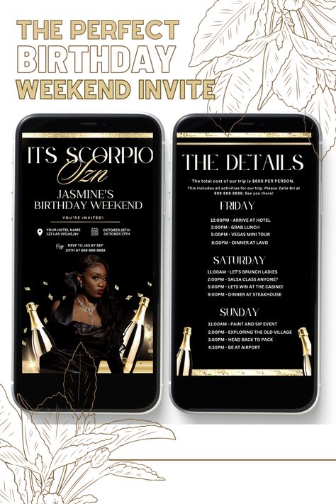 Invite your loved ones to your birthday weekend girls trip with this amazing scorpio digital itinerary invite template! #birthdayweekenditinerary #birthdaygirlaesthetic #scorpioseason #scorpioseasonaesthetic #birthdayitinerarytemplate #blackwomenbirthdayphotoshoot #birthdaytrip Black Girls With Freckles, Birthday Dinner Invitation, Scorpio Birthday, Girl Trip, Quotes Black, 21st Birthday Photoshoot, Pink Birthday Party, Invitation Flyer, Girl Birthday Themes