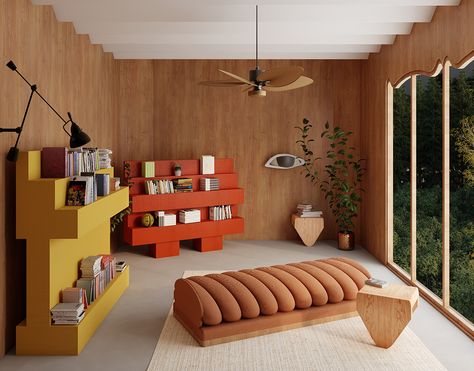 Rejo Studio's Playful Designs Reference Everything From Their Arab Upbringing to Japanese Anime - Sight Unseen Red Bookcase, Marshmallow Sofa, Dubai Design Week, Steps Design, Create Space, Design Reference, Playful Design, Daybed, Bookshelves