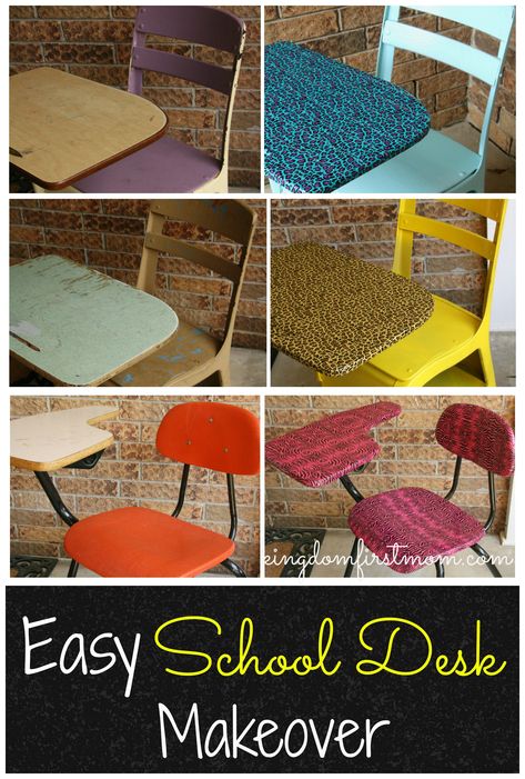 Desk Redo Ideas, Painted School Desks, Diy Awards, School Desk Makeover, Neat Desk, Vintage School Chairs, Desk Makeover Diy, Desk Redo, Old School Desks