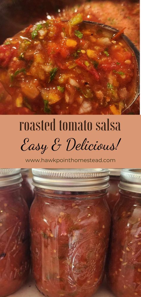 This is the best homemade salsa recipe with roasted tomatoes and peppers! I love making salsa. It is the first recipe I ever canned and I also love eating the salsa! Who does not love homemade salsa? This recipe that is made with roasting the tomatoes and peppers, is especially good. The roasting of the tomatoes and peppers gives the salsa a better flavor, plus I find that roasting the tomatoes is a good way to remove the moisture and make the salsa thicker. Tomato Salsa Canning, Roasted Tomato Salsa Recipe, Salsa With Canned Tomatoes, Roasted Salsa Recipe, Best Homemade Salsa, Fire Roasted Salsa, Making Salsa, Salsa Canning Recipes, Best Salsa Recipe