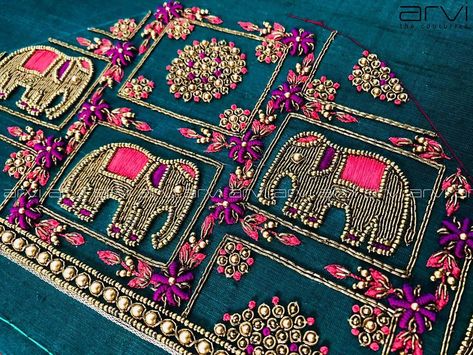 Patola Handwork Blouse, Peacock Elephant Maggam Work Blouses, Elephant Blouse Designs, Elephant Embroidery Design Blouse, Elephant Work Blouse Designs, Elephant Design Blouse Work, Elephant Maggam Work Designs, Arvi The Couturier, Patches Design