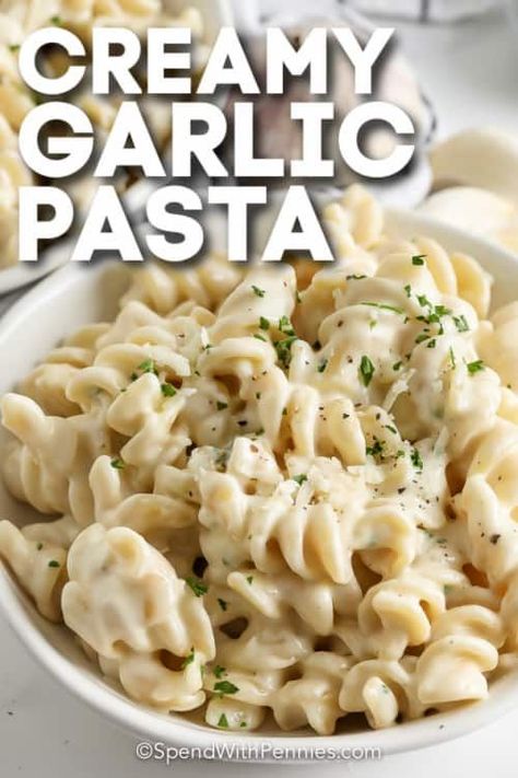 Only one pot and five ingredients for this creamy garlic pasta! The sauce combines the salty goodness of parmesan with heavy cream, butter, and chicken broth. Sometimes the simplest ingredients yield the tastiest results. #spendwithpennies #creamygarlicpasta #maindish #entree #pasta #recipes #sauce #easy #garlicpasta #creamy Heavy Cream Recipes, Garlic Pasta Recipe, Penne Noodles, Creamy Garlic Pasta, Weeknight Pasta, Cream Sauce Pasta, Creamy Pasta Sauce, Creamy Pasta Recipes, White Sauce Pasta