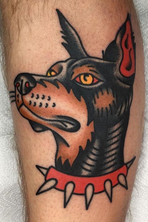 American Traditional German Shepherd Tattoo, American Traditional Dog Portrait, Dog American Traditional Tattoo, Dog Tattoo Men, Trad Dog Tattoo, Old School Dog Tattoo, Traditional Doberman Tattoo, Dog Traditional Tattoo, White Dog Tattoo