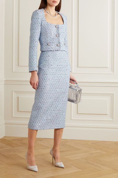 Alessandra Rich Cropped Crystal-Embellished Sequined Tweed Jacket Cropped Tweed Jacket Outfit, Net A Porter Outfits, Tweed Set Outfit, Tweed Clothes, Tweed Jacket Outfit, Tweed Fashion, Tweed Outfit, Chanel Tweed Jacket, Tweed Set