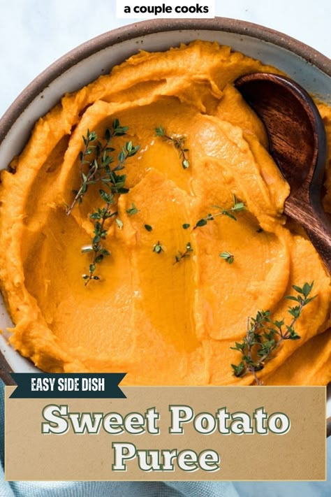 Enjoy this luscious sweet potato puree! Silky smooth, it’s perfect as a side dish or as a component of other recipes for fall and Thanksgiving. Puree Carrots Recipes, Pureed Sweet Potato Recipes, Sweet Potato Puree Recipes, White Sweet Potato Recipes, Sweet Potato Recipes Thanksgiving, Sweet Potato Puree Baby, Potato Puree Recipe, Antihistamine Diet, Sweet Patato