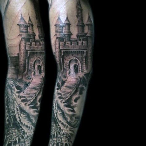 80 Castle Tattoos For Men - Masculine Fortress Designs Dragon And Castle Tattoo, Castle Tattoos, Dragon And Castle, Cathedral Tattoo, Dragon Castle, Castle Tattoo, Medieval Tattoo, Web Tattoo, Japanese Castle