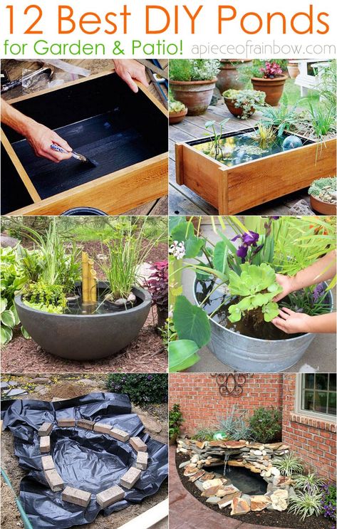 12 best DIY pond ideas & tutorials, from easy kits for small garden & patio water feature to beautiful backyard waterfall with plants & fish! - A Piece of Rainbow, outdoor projects, fountain, landscaping, gardening, curb appeal, landscape design, summer, koi ponds, #gardendesign #landscaping #gardenpath #gardens #gardening #curbappeal #landscape #diy Patio Water Garden Ideas, Easy Backyard Pond, Backyard Pond Ideas Small, Landscape Around Pond Ideas, Backyard Water Features Diy, Small Water Ponds Ideas, Diy Pond With Fountain, Water Feature With Plants, Pond In The Garden