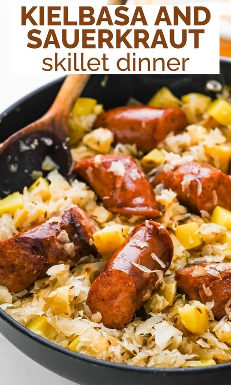 Sausage Sauerkraut And Potatoes, Polish Sausage Sauerkraut Recipes, Kielbasa Potato Sauerkraut, Sauerkraut Apples And Sausage, Saurkraut And Smoked Sausage, Kielbasa With Sauerkraut, Brats And Sauerkraut Skillet, Chicken Sausage And Sauerkraut, Smoked Sausage Sauerkraut And Potatoes