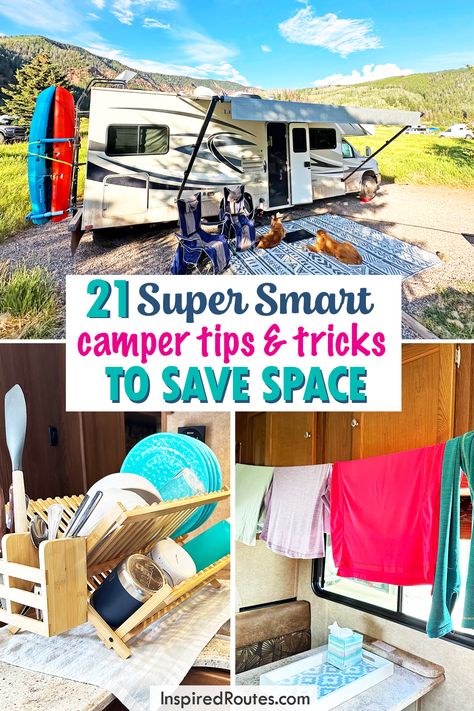 21 Genius Camper Tips and Tricks to Save Space and Stay Organized - Inspired Routes Camper List Rv Checklist, Camping Trailer Hacks Tips And Tricks, How To Secure Things In Camper, Rv Hacks Class C, Camping Organization Hacks, Rv Camping Must Haves, Rv Travel Tips, Cleaning Camper Interior, Rv Essentials Travel Trailers