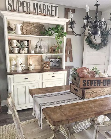 25 Charming Farmhouse Kitchen Decor Ideas | Decor Home Ideas White Hutch, Farmhouse Style Dining Room, Farm House Dining Room, Dining Room Hutch, Shabby Chic Room, Kitchen Farmhouse, Farmhouse Decor Living Room, Farmhouse Dining Room, Modern Farmhouse Kitchens