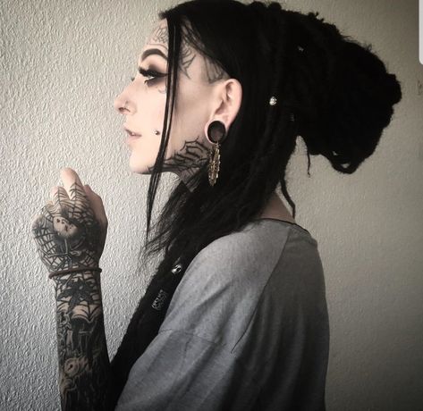 Gothic Braids, Goth Dreadlocks, Pale Black Hair, Mohawk Dreads, Half Dreads, Girls Pixie Cut, Dark Hippie, Dreadlocks Girl, Black Dreads