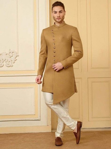 "Style Ethnic Men's wear. Top Details Color - beige, Fabric - suiting Bottom Details Color - BEIGE, Fabric -suiting , Style - pant Package Include :Jacket , pant Turban ,Mojari And Other Accessories Are Not Sold Along With The Dress. \"\"\"\"\"\"\"we can make Mojaris and turban if required we can make it available for you , for extra cost \"\"\"\"\".. Additional Information : - As This Sherwani/Waistcoat/Kurta Are Made As Per Orders So It Is                                              Strictly Endo Western Dresses Men, Indo Western Outfits For Men Latest, Jodhpuri Suits For Men, Mens Wedding Suits, Groom Dress Men, Yellow Kurta, Prom Suit, Wedding Dresses Men Indian, Sherwani Groom