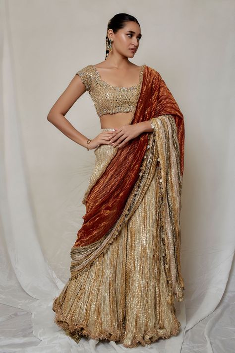 Designer Indo Western Outfits For Women, Palazzo Saree, Indo Western Outfits For Women, Blouse Organza, Fashion Course, Embroidered Bustier, Draping Styles, Golden Blouse, Desi Fits