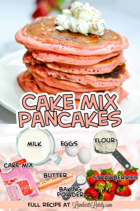 Pancake Mix Muffins, Cake Mix Pancakes, Quick And Easy Sweet Treats, Mom Breakfast, Boxed Cake Mixes Recipes, Flavored Pancakes, Pancake Cake, Strawberry Pancakes, Pancake Toppings