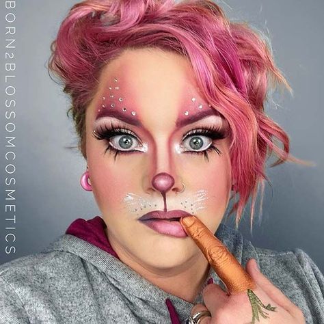 Bunny Rabbit Makeup Halloween, Pink Cat Makeup Halloween, Black Rabbit Makeup, Cute Bunny Makeup Halloween, Rabbit Face Makeup, Pink Bunny Makeup, Pink Cat Makeup, Bugs Bunny Makeup, White Bunny Makeup