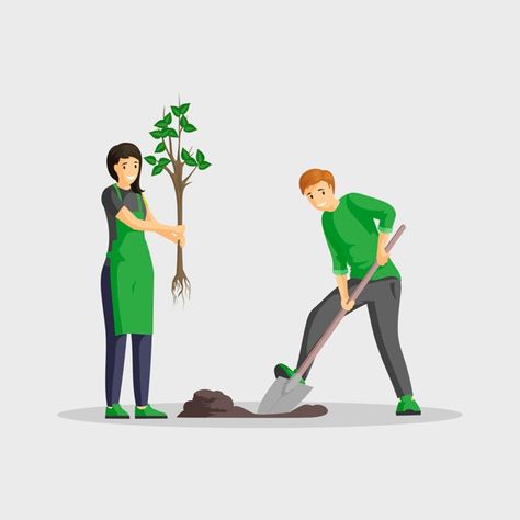 People Planting Trees Drawing, Planting Trees Illustration, Planting Trees Drawing, Gardening Tools Illustration, People Gardening, Flat Color Illustration, 3d Art Sculpture, Roof Garden Design, Illustration People