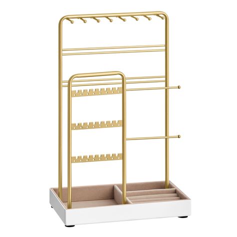 PRICES MAY VARY. [Double Rows Prevent Tangles] The jewelry holder has 2 independent storage racks with a 2.3" gap, preventing the entanglement of necklaces, bracelets, and accessories. Its vertical design maximizes organization and saves table space [For Various Jewelry] Tame your jewelry with this jewelry organizer! It holds 24 pairs of earrings or studs, 10 bracelets or watches on the 2 rods, 16 necklaces on hooks, and other small items like rings, lipsticks, pins, and hairpins in the base [St Gold Necklace Holder, Jewerly Organizer Ideas Bedroom, Acrylic Jewelry Organizer, Jewelry Stand Aesthetic, Jewlrey Organization, Jewelry Organizer Aesthetic, Libra Mars, Jewellery Organisation, Jewlery Holder