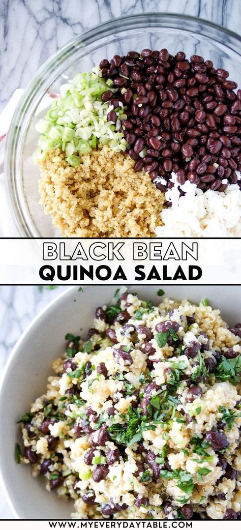 quinoa salad pin image Spinach Black Bean Salad, Plant Based Recipes With Protein, Vegetarian Lunch Healthy, Quinoa Salad With Black Beans, Healthy Navy Bean Recipes, Quinoa Bean Salad Recipes, Black Bean Lunch Ideas Healthy, Veggie Meal Prep For The Week, Healthy Vegan Salad Recipes