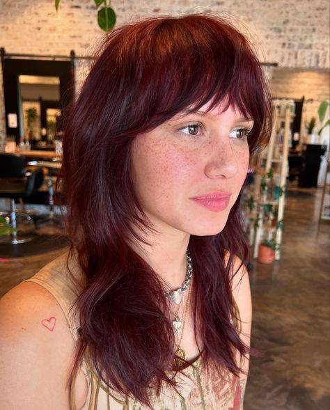 Oooh la la. 🫶🏽 It’s amazing that every single shag cut feels like it was made for that specific client. I always do my best to help… | Instagram Shag Hairstyles With Color, Shag Half Up Half Down, Nicole Rafiee Hair Shag, Shag Haircut With Bangs Straight Hair, Medium Lenght Shag, Shag Hair Bangs, Burgundy Shag Hair, Red Hair In The Sun, Shag Hairstyles Medium Length