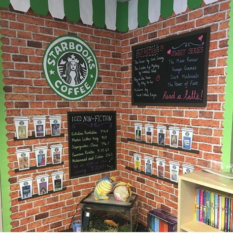 Coffee Shop Reading Corner Classroom, Coffee Center Ideas, Star Books Cafe Classroom, Coffee House Theme Party, Bookstore Classroom Theme, Poetry Cafe Room Transformation, Coffee Shop Theme Classroom, Starbucks Book Tasting, Starbooks Display