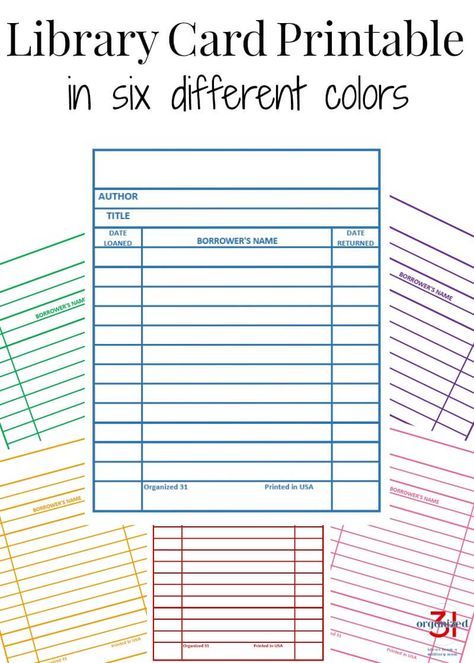 Get your free library cards printable in six different colors. Use these library cards for organizing labels, for cards, for note cards and more. Library Card Template, Book Exchange Party, Library Checkout, Book Club Parties, Library Card Catalog, Book Swap, Library Cards, Lending Library, Book Exchange