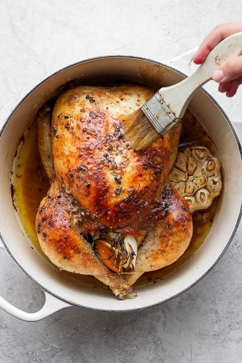 Whole Chicken In Oven, Dutch Oven Whole Chicken, Whole Chicken Recipes Oven, Baked Whole Chicken Recipes, Dutch Oven Roast Chicken, Oven Roasted Whole Chicken, Whole Roast Chicken Recipe, Whole Baked Chicken, Best Roasted Chicken