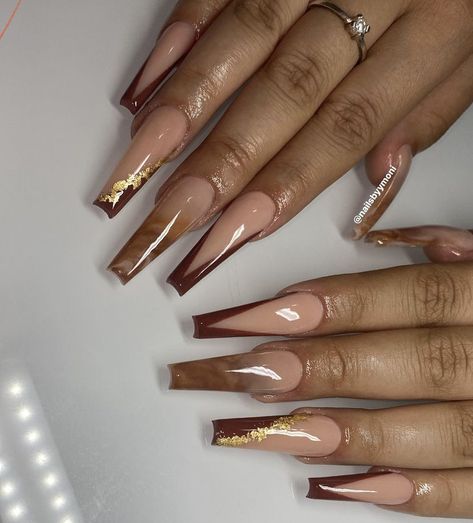 Gold Gel Nails, Nail Shapes Square, Brown Acrylic Nails, Gold Acrylic Nails, Brown Nails Design, Gold Nail Designs, Nude Nail Designs, Nails Now, Vibrant Nails