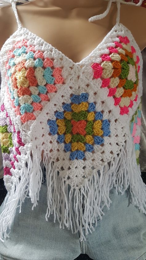 Granny Square Crop Cardigan, Granny Square Boho Top, Granny Square Festival Top, Retro Crochet Top, Crochet Crop Top Granny Square, Granny Square Tube Top, Granny Square Crochet Top Pattern, Crochet Tops Granny Square, Granny Square Clothing