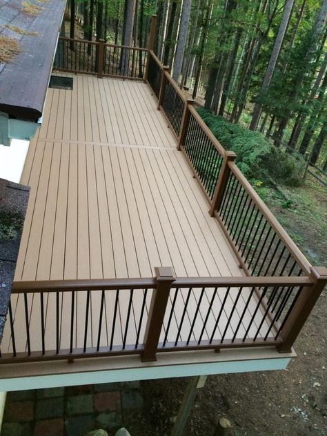 Composite Deck With Iron Railing, Wood Deck Designs Railing, Vertical Deck Railing Ideas, Deck Rail Ideas, Deck Balustrade Ideas, Horizontal Deck Railing, Pole Barn House, Composite Railing, Deck Renovation