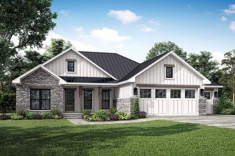 This modern rustic ranch home plan is budget- friendly in that it comes in at just 1,498 square feet of heated living space (i.e. less materials than a larger home and a standard footprint).Inside, you get a split bedroom layout with the great room - with 10' ceiling - open to the kitchen and dining area giving you open front-to-back living.The kitchen has a roomy 3' by 7' island and a pantry (4'8" by 4'2"). A sliding door on the back wall opens to the outside where a patio - not included in the Simple Modern Farmhouse Plans, Modern Farmhouse Ranch Style Homes, 3 Car Garage Ranch House Plans, Ranch Home With Garage, Two Vanity Bathroom, Starter Home Floor Plans, Ranch Style Homes Plans, Farmhouse Ranch Style Homes, Small Ranch House Exterior